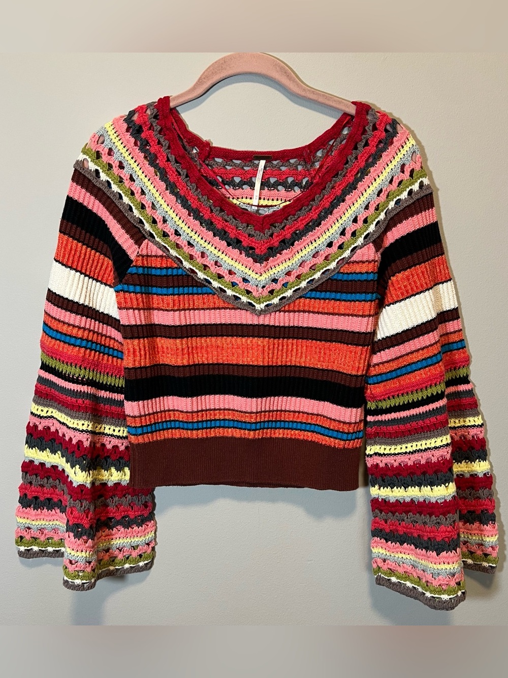Free People Heart and Soul Multicolor Crochet Striped Sweater Boho Flare Medium - Picture 2 of 11